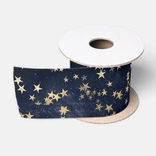 Celestial Golden Stars on Navy Galaxy Background Satin Ribbon