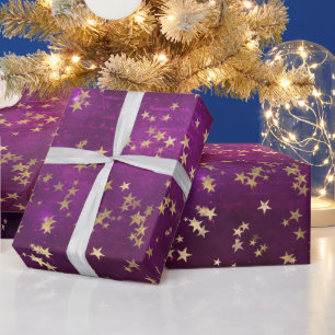 Celestial Golden Stars on Pink Galaxy Background Wrapping Paper