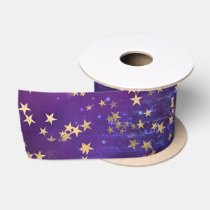 Celestial Golden Stars on Purple Galaxy Background Satin Ribbon