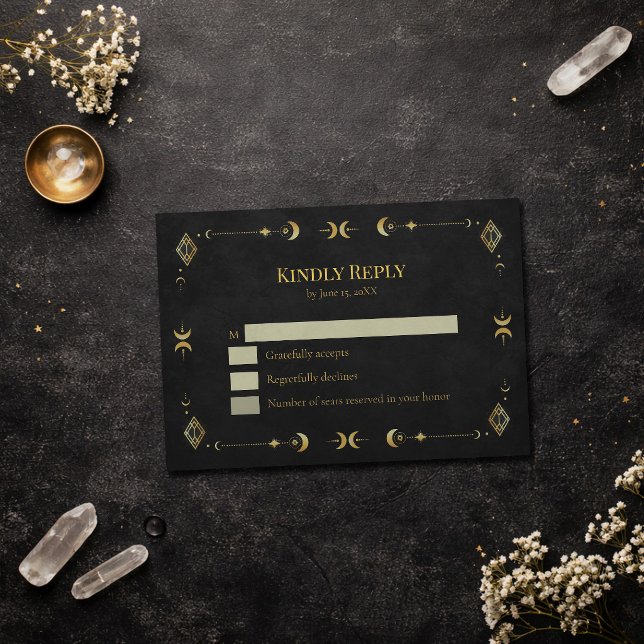 Celestial Gothic Black and Gold RSVP Card (Celestial Gothic Black and Gold RSVP Card on an elegant dark table with dry flowers and crystals)