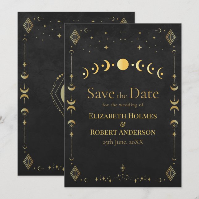 Celestial Gothic Black and Gold Save the Date Card (Front/Back)