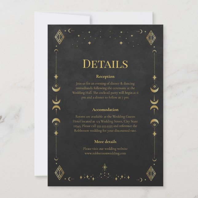 Celestial Gothic Black and Gold Wedding Details Invitation (Front)