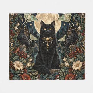 Celestial Gothic Black Cat with Moon and Ravens. Fleece Blanket