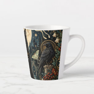 Celestial Gothic Black Cat with Moon and Ravens. Latte Mug