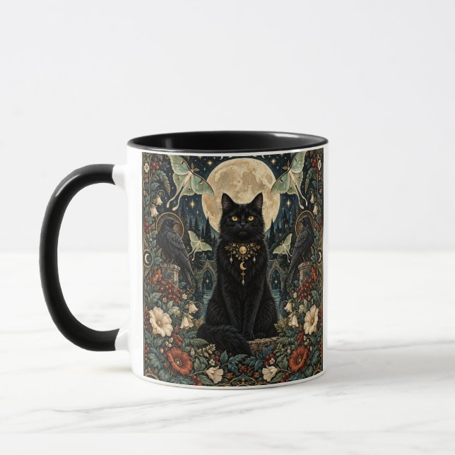 Celestial Gothic Black Cat with Moon and Ravens. Mug (Left)