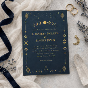 Celestial Gothic Midnight Blue Gold Wedding Invitation