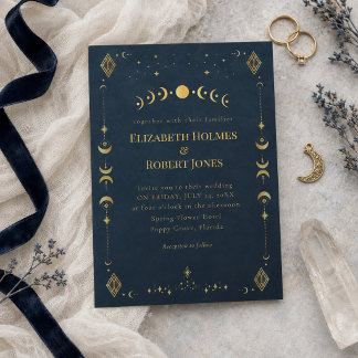 Celestial Gothic Midnight Blue Gold Wedding Invitation
