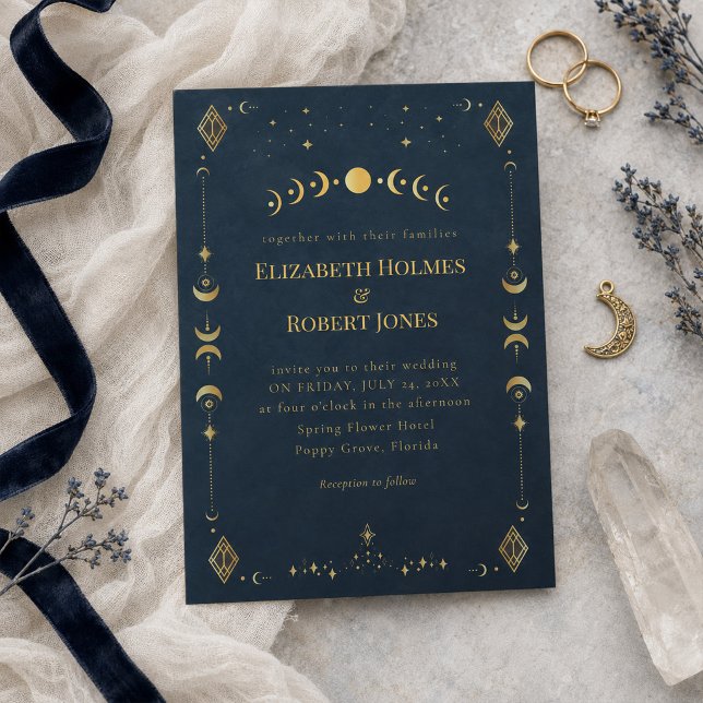 Celestial Gothic Midnight Blue Gold Wedding Invitation (Celestial Gothic Midnight Blue Gold Wedding Invitation)