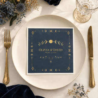 Celestial Gothic Midnight Blue Gold Wedding Napkin