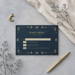 Celestial Gothic Midnight Blue Gold Wedding RSVP Card