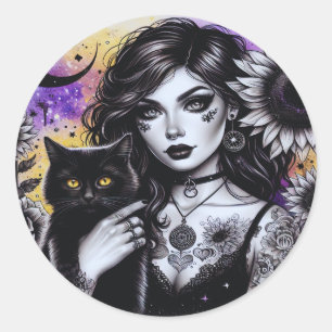 Celestial Gothic Witch and Black Cat Classic Round Sticker