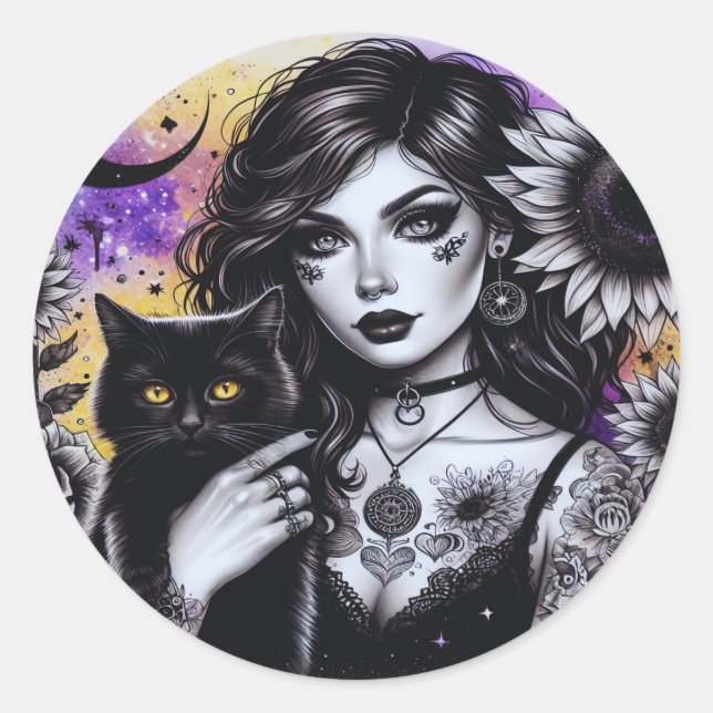 Celestial Gothic Witch and Black Cat Classic Round Sticker (Front)