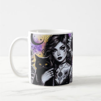 Celestial Gothic Witch and Black Cat Coffee Mug