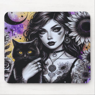 Celestial Gothic Witch and Black Cat Mouse Mat