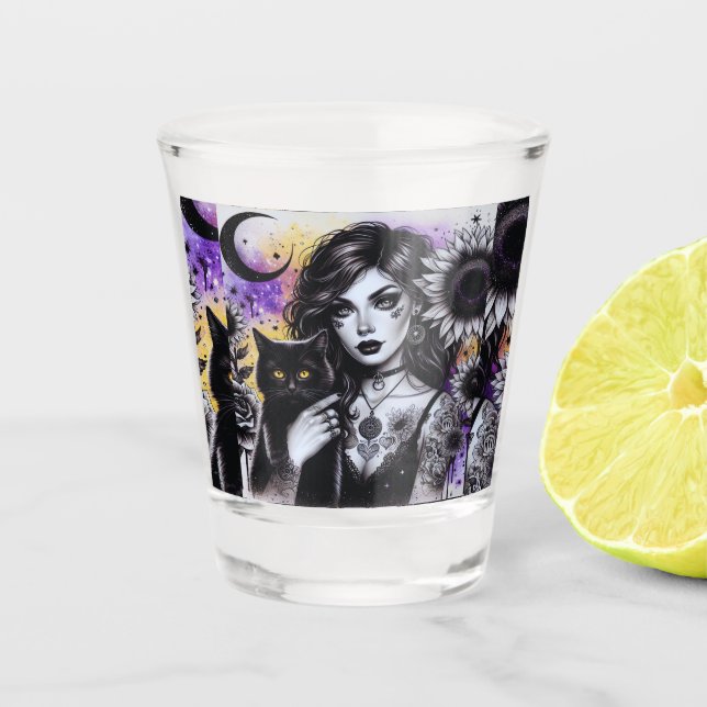 Celestial Gothic Witch and Black Cat Shot Glass (Front)