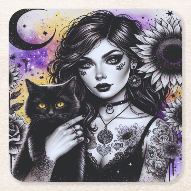 Celestial Gothic Witch and Black Cat Square Paper Coaster (Front)