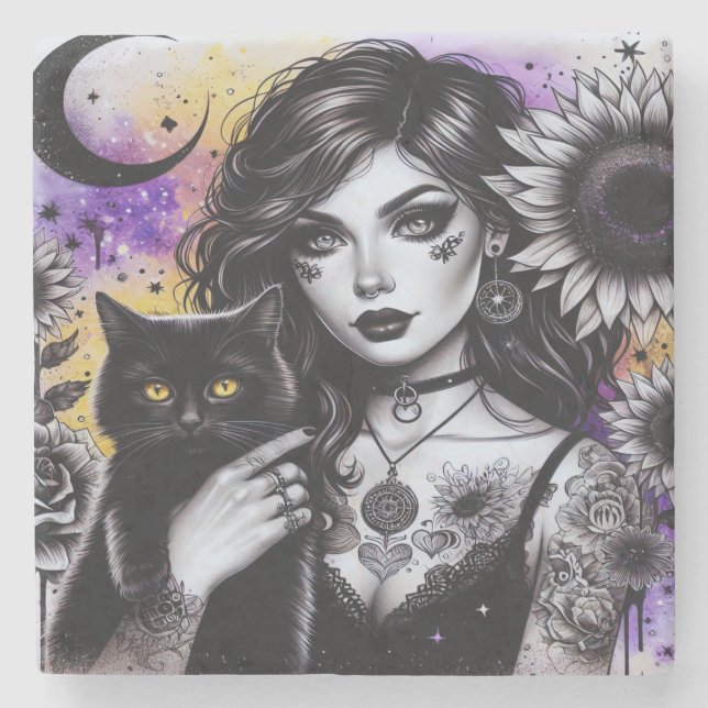 Celestial Gothic Witch and Black Cat Stone Coaster (Front)