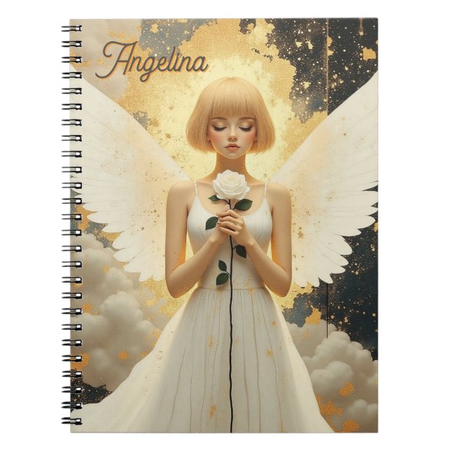 Celestial Grace Pretty Angel and Rose Personalised Notebook (Front)