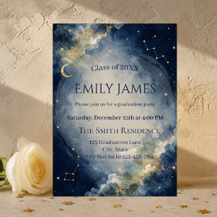 Celestial Graduation Invitation   Navy Watercolor