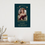 Celestial Green Gold 30th Birthday Welcome Poster<br><div class="desc">Celestial Green Gold 30th Birthday Welcome Poster features an elegant gold sun, moon and stars frame on a forest green background. Inside is your favourite photo and below your birthday welcome sign information. Personalise by editing the text in the text boxes and adding your favourite photo. Designed for you by...</div>