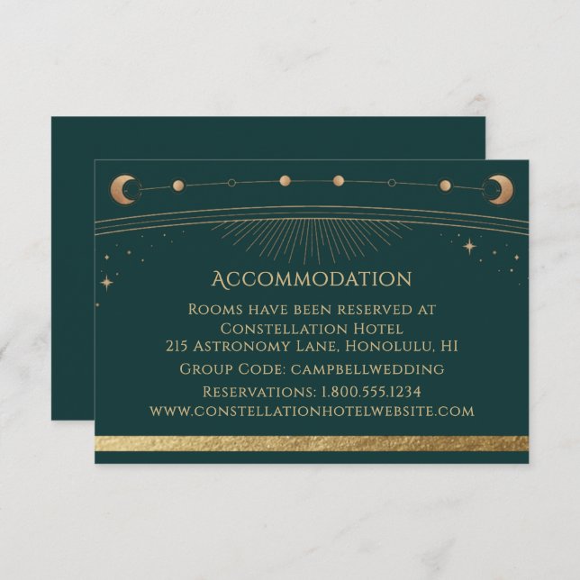 Celestial Green Gold Galaxy Accommodation Enclosure Card (Front/Back)
