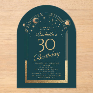 Celestial Green Gold Sun Moon 30th Birthday Acrylic Invitations