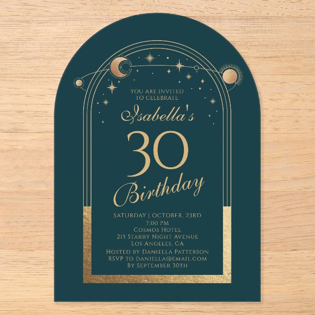 Celestial Green Gold Sun Moon 30th Birthday Acrylic Invitations (Front)