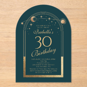 Celestial Green Gold Sun Moon Stars 30th Birthday Acrylic Invitations