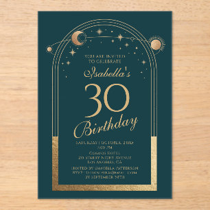 Celestial Green Gold Sun Moon Stars 30th Birthday Acrylic Invitations