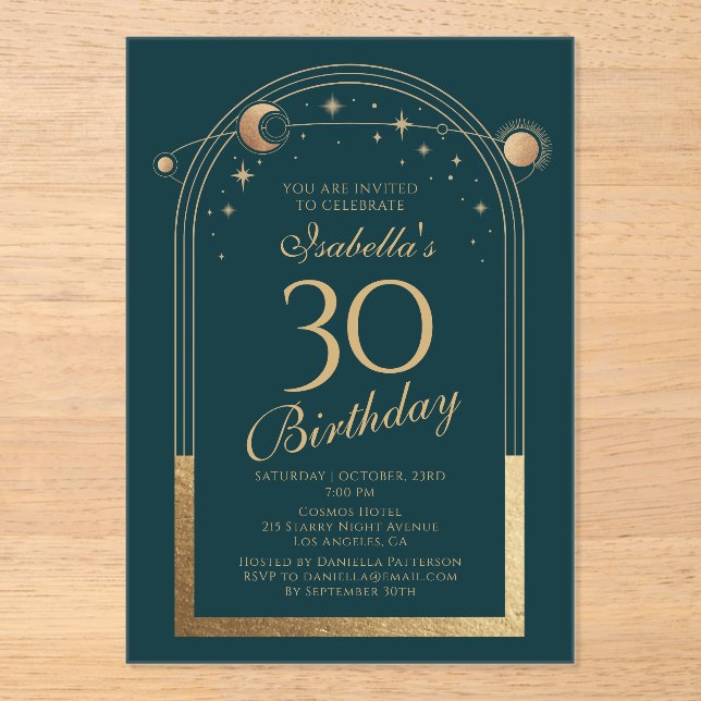 Celestial Green Gold Sun Moon Stars 30th Birthday Acrylic Invitations (Front)