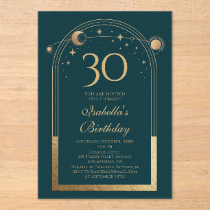 Celestial Green Gold Sun Moon Stars 30th Birthday Acrylic Invitations