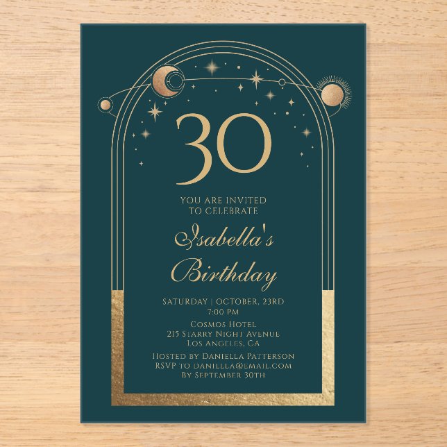 Celestial Green Gold Sun Moon Stars 30th Birthday Acrylic Invitations (Front)