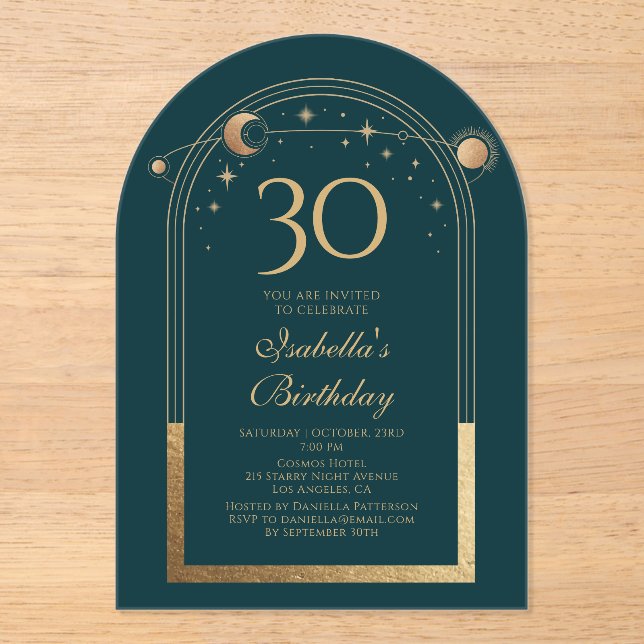 Celestial Green Gold Sun Moon Stars 30th Birthday Acrylic Invitations (Front)