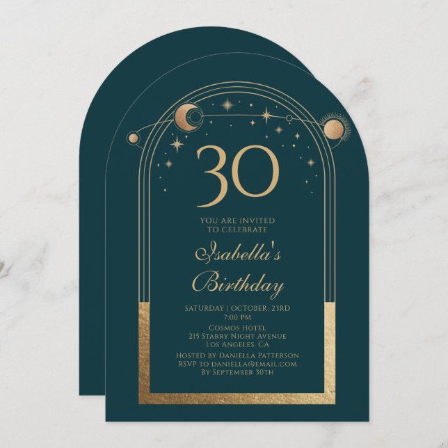 Celestial Green Gold Sun Moon Stars 30th Birthday Invitation (Front/Back)