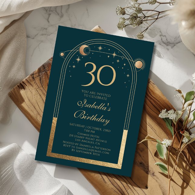 Celestial Green Gold Sun Moon Stars 30th Birthday Invitation (Creator Uploaded)