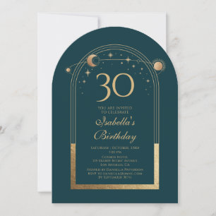 Celestial Green Gold Sun Moon Stars 30th Birthday Invitation