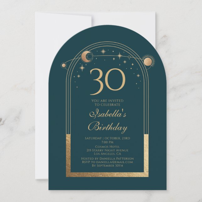 Celestial Green Gold Sun Moon Stars 30th Birthday Invitation (Front)