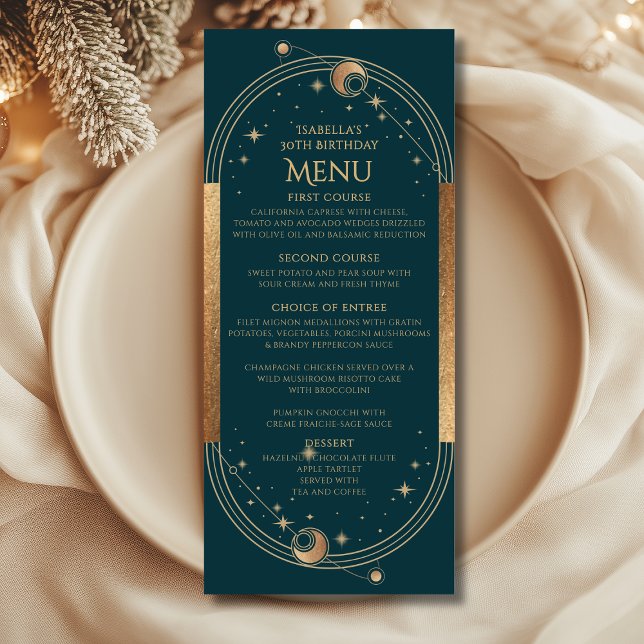 Celestial Green Gold Sun Moon Stars 30th Birthday Menu (Creator Uploaded)