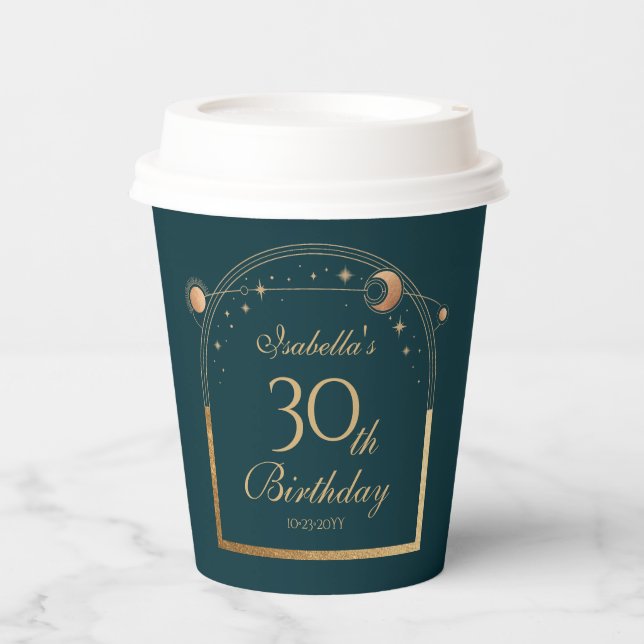 Celestial Green Gold Sun Moon Stars 30th Birthday Paper Cups (Front)