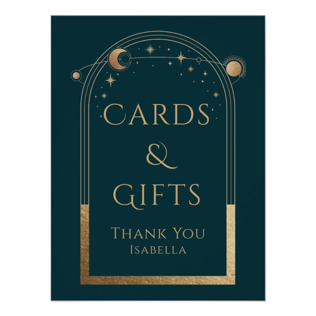 Celestial Green Gold Sun Moon Stars Cards & Gifts Poster (Front)