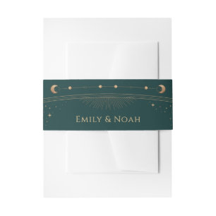 Celestial Green Gold Sun Moon Stars Wedding  Invitation Belly Band