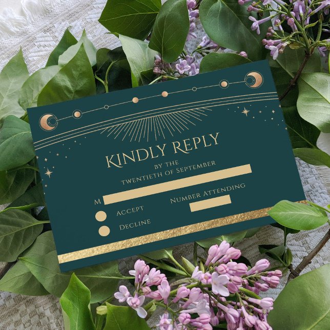 Celestial Green Gold Sun Moon Stars Wedding RSVP Card (Creator Uploaded)