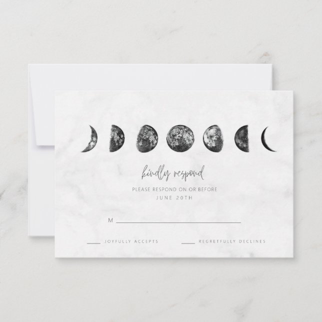 Celestial Grey Marble Moon Phases Wedding RSVP (Front)