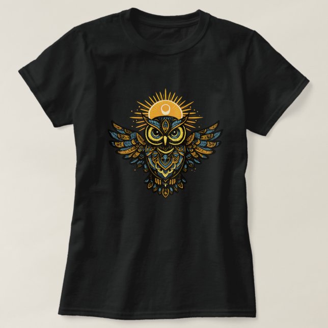 Celestial Guardian Owl Sun Halo Folk Art T-Shirt (Design Front)