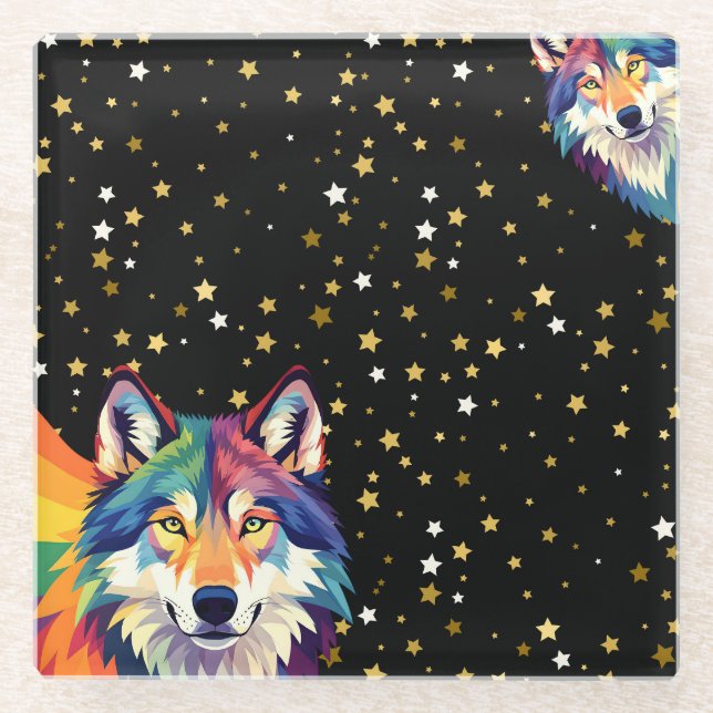 Celestial Guardians – Rainbow & Natural Wolves Ben Glass Coaster (Front)