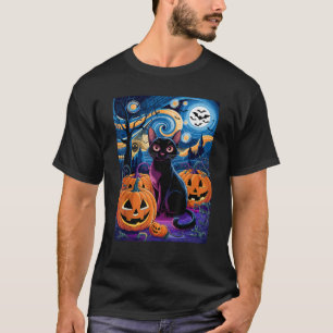 Celestial Halloween Black Cat in Starry Night Desi T-Shirt