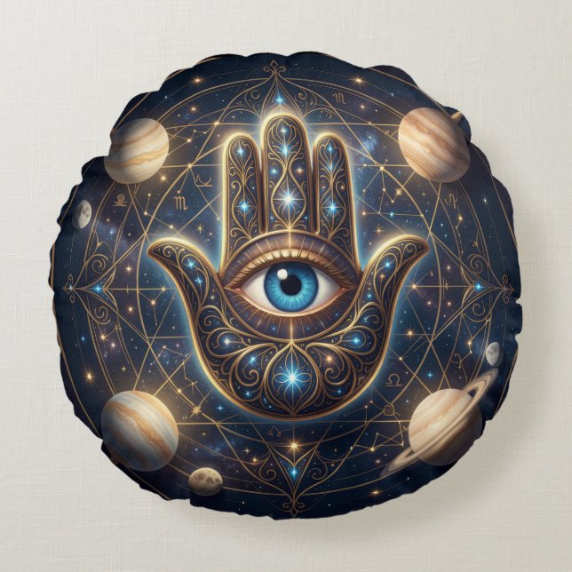 Celestial Hamsa Hand & Evil Eye Cosmic Protection  Round Cushion (Front)