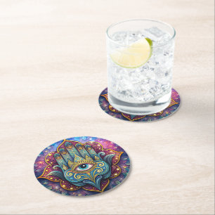 Celestial Hamsa Round Paper Coaster