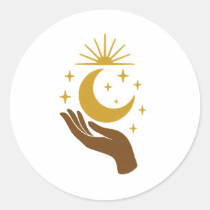 Celestial Hand Holding the Moon – Minimal Cosmic D Classic Round Sticker