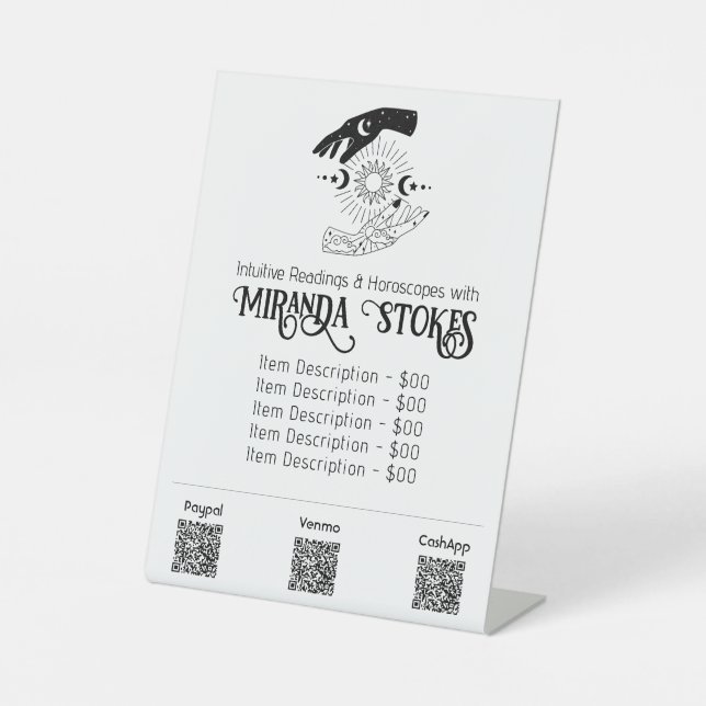 Celestial Hands Sun & Moon Tarot Reader Price List Pedestal Sign (Front)